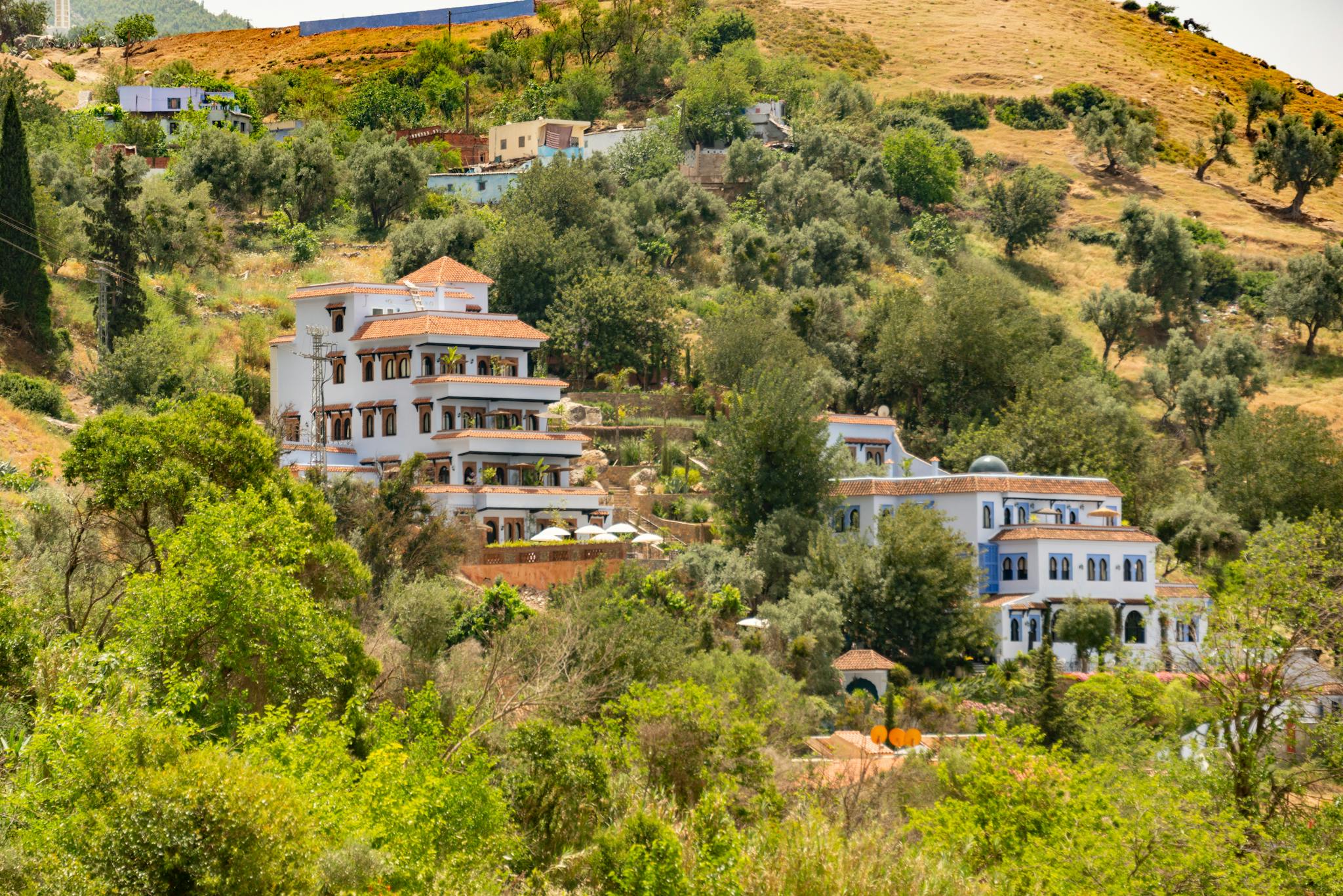 Stunning Mediterranean-style buildings nestled on a lush hill, surrounded by vibrant greenery.